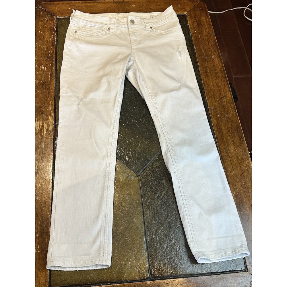 Seven7 Low-Rise White Jeans Slim Straight 5 Pocket Stretch Silver Stitc Women 12